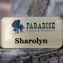 A brushed gold nametag with the clear domed Tag Armor coating