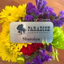 A brushed silver metal nametag