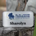 A brushed silver nametag with the clear domed Tag Armor coating